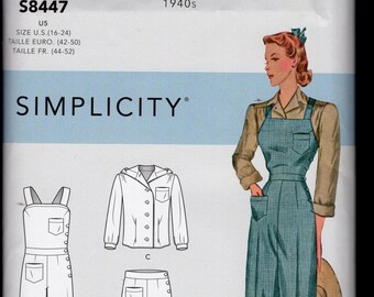 Simplicity 8447 40's Reprint Misses' Overalls Or Pants, With Side Buttons, & Cuffed Shirt With Hoodie Or Collar, Sizes 16-24, UNCUT