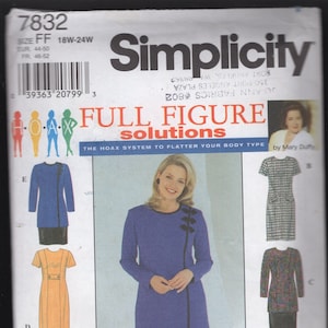 Op de afbeelding: Simplicity naaipatroon voor oplossingen voor volle figuren. Het patroon bevat meerdere jurk ontwerpen, waaronder een blauwe tuniek met zwarte bies, een oranje jurk met knopen, een groene jurk en een roze jurk. Het patroon is maat FF 18W-24W.