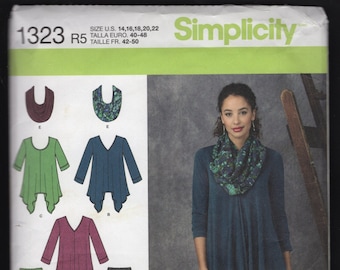 Simplicity 1323 Misses' Infinity Scarf, Loose Fitting Tops with Shaped Hem, V, or Scoop Neckline, and Elastic Waist Pants, Sizes 14-22