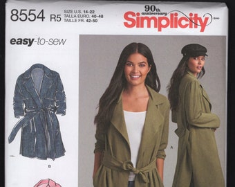 Simplicity 8554 Misses' Loose-Fit Contemporary Take on The Classic Trench Coat, Mid-Calf, Above Knee, or Jacket Length, Sizes 14-22, UNCUT