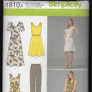 May include: Sewing pattern Simplicity 1810A for a dress with a V-neck and a tie at the waist, a sleeveless dress with a V-neck and a tie at the waist, a sleeveless top with a V-neck and a tie at the waist, and pants. The pattern includes instructions for sizes XXS-XXL.