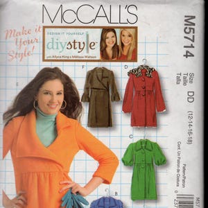 May include: McCall's sewing pattern M5714 featuring various coat and jacket designs. The pattern includes illustrations of a burnt orange jacket, a green coat, a red coat, a blue coat, a purple coat, and a brown coat. The pattern is for sizes DD (12-14-16-18).
