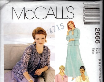 MCCALL'S 2666 Women's Evening Length Gored Skirt, Jewel Neck Cardigan/Jacket, and V Neck Top, Sizes 18W-24W, UNCUT