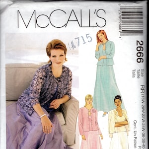MCCALL&#39;S 2666 Women&#39;s Evening Length Gored Skirt, Jewel Neck Cardigan/Jacket, and V Neck Top, Sizes 18W-24W, UNCUT
