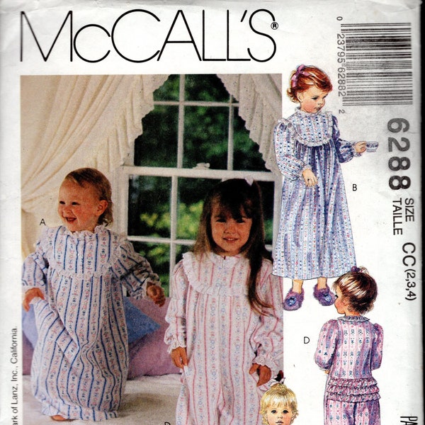 MCCALL'S 6288 Vintage 90's Lanz of Salzburg Design, Toddler's Nightgown in Two Lengths, Pajama and Jumpsuit, Sizes 2-3-4, UNCUT