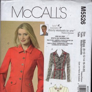 May include: McCall's sewing pattern M5526 featuring a woman in a red jacket. The pattern includes step-by-step instructions and sewing tips. The size range is Miss (8-10-12-14-16-18-20).