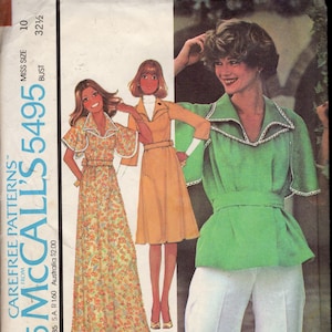 May include: A vintage sewing pattern for a misses' dress or top. The pattern includes three different styles: a long floral print dress, a shorter dress with a collar and a green top with a white collar and matching pants. The pattern is from McCall's and is number 5495.