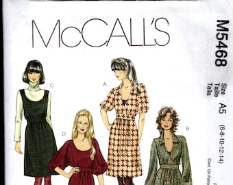 McCall's 5468 Misses' Dress Or Jumper, With Deep Scoop Or V Neck, Waistband, Gathered Skirt, And Sleeve Variations Sizes 6-14, UNCUT