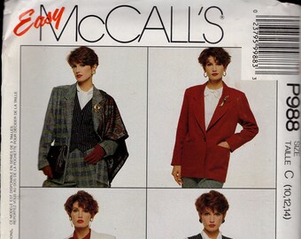 Retro 80's McCall's 988 Misses' Jackets With Notched Collar, Below Hip, Or Short Waist Length, And Button Front Vest, Sizes 10-14, UNCUT