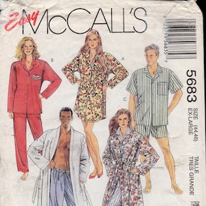 May include: A vintage McCall's sewing pattern envelope featuring illustrations of various pajama and robe designs. The cover showcases a red pajama set, a floral print robe, and striped pajamas. The size is listed as EX-LARGE.
