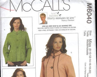 McCall's 6040 Misses' Lagenlook Fashion Jacket, A Wardrobe Extender With Button Front, Stand Up Collar, Sizes 8-20, UNCUT