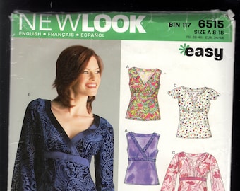 New Look 6515 Misses' Tops, Are Sleeveless, Fluted Capped, 3/4 Length, Or Long Sleeved, V Neck, High Waist, Sizes 8-18, UNCUT