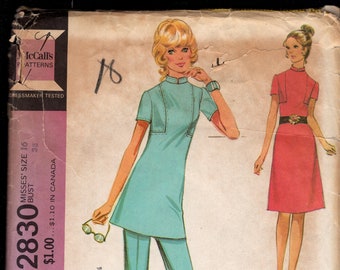 Vintage 70's McCall's 2830 Misses' Tunic Top, Or Dress, And Pants, Has Short Set In Sleeves, Nehru Collar, & Shaping Details, Size 16, UNCUT