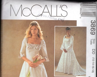 McCall's 3869 Misses' Lady Guinevere Bridal Gown, Has Square Neckline, Princess Seamed Bodice, Optional Train, Sizes 8-12 or 12-18, UNCUT