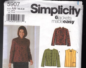 Simplicity 5907 Misses' Fashion Extender Jackets, Or Vests, Jewel, or Stand Up Collar Neckline, Button Front, Sizes 6,8-10,12-14-16, UNCUT