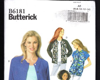 Butterick 6181 Raglan Sleeved Casual Jacket Or Capped Sleeved Vest With Zip Up Or Button Closure, Elastic Hem, Sizes 6-8-10-12-14, UNCUT