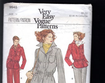 Retro 80's Vogue 9945 Misses' Ensemble; Jacket With Shirt Tail Hem,  Elastic Waist, A-Line Skirt, & Straight Leg Pants, Size 14, UNCUT