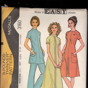 May include: A sewing pattern for a dress with three different styles. The pattern is for a size 10 bust and is recommended for knits. The pattern is called "A Pounds-Thinner Pattern" and is from McCall's. The pattern number is 3160.