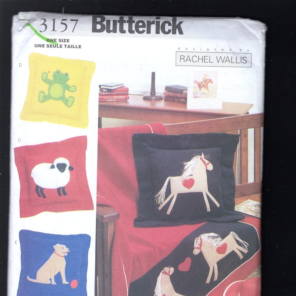 Butterick 3157 Designer Rachel Wallis Pillow Covers, And Decorative Throw, With Animal Motif Appliques, Dog, Cat, Sheep, Horse, Frog, UNCUT