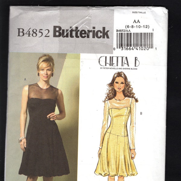 Butterick 4852 Designer Chetta B Misses Princess Seamed Dress w/Sheer Shoulders, Long Or No Sleeves, Full Or Bubble Hem, Sizes 6-12, UNCUT