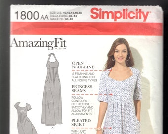 Simplicity 1800 Misses' Dresses Amazing Fit, Open Neckline, Princess Seams, Pleated Skirt, Halter, Or Raglan Sleeves, Sizes 10-18, UNCUT