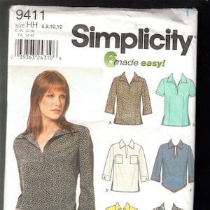 May include: Simplicity sewing pattern number 9411 for sizes 6, 8, 10, and 12. The pattern includes instructions for making six different tops with various collar styles, including a polo collar, a V-neck collar, and a tie collar. The tops are shown in a variety of colors and patterns, including leopard print, paisley, and solid colors.