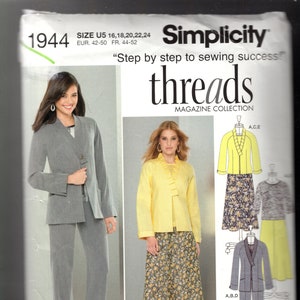 May include: Simplicity sewing pattern 1944 featuring a woman in a gray suit and a woman in a yellow jacket and floral skirt. The pattern includes instructions for a suit, jacket, and skirt. The pattern size is U5, sizes 16, 18, 20, 22, and 24.