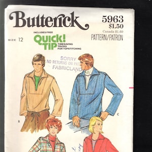 May include: Vintage Butterick sewing pattern 5963, size 12, featuring illustrations of pullovers and a jacket. The pattern includes a quick tip for topstitching. The jacket is corduroy. The pattern is for Canada $1.60.