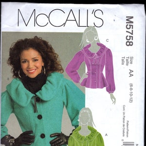 May include: A sewing pattern for a women's blouse with a ruffled collar and long sleeves. The pattern is McCall's M5758, size AA (6-8-10-12).
