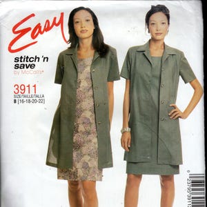 May include: A sewing pattern package featuring two women modeling a dress and jacket ensemble. The package has the word "Easy" in red, and the text "stitch 'n save by McCall's". The dress is floral, and the jacket is a solid olive green.