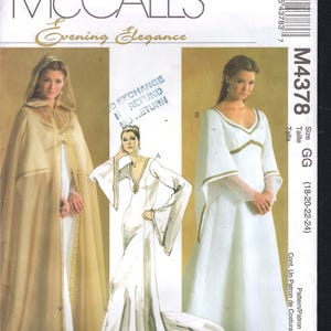 May include: McCall's Evening Elegance sewing pattern. The image shows three evening gowns, including a hooded cape and two dresses with long sleeves. The pattern size is GG (18-20-22-24).