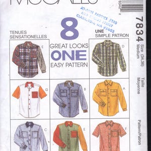 McCall's7834 Men's Button Front Long Cuffed, Or Short Sleeved Shirts, Size Medium (34-36), UNCUT