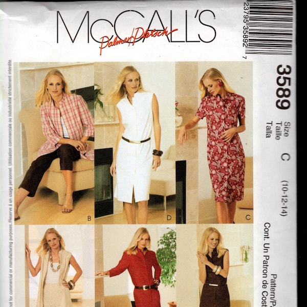 McCall's 3589 Misses' A-Line Button Front Shirt-Dresses, Duster, and Shirts, with Pants, & Capris, Sizes 10-12-14, UNCUT