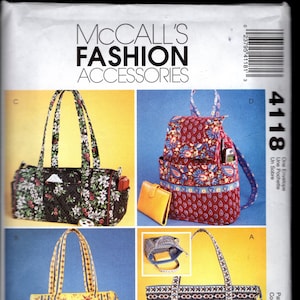 May include: McCall's Fashion Accessories pattern featuring four different bag designs. The bags include a tote, a backpack, and two other styles, each with unique floral or geometric patterns. The pattern number is 4118.
