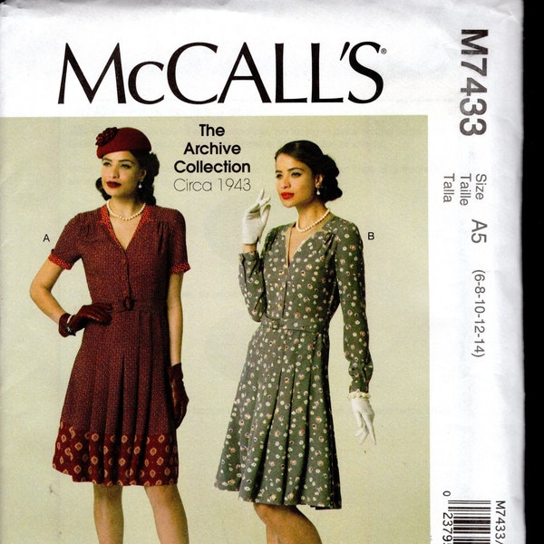 McCall's 7433 1940's Reprint Misses' Dresses and Belt w/Long Cuffed or Short Sleeves, Semi-Fitted Bodice, & Pleated Skirt, Sizes 6-14, UNCUT