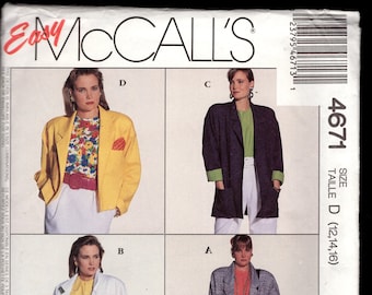 Fab 90's McCall's 4671 Misses' Loose Fitting Unlined Jackets in Three Lengths, with Dropped Shoulders, and Patch Pockets, Sizes 12-16, UNCUT