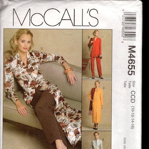 May include: McCall's sewing pattern M4655 featuring dress alternatives. The cover shows multiple outfit options, including a floral print duster, pantsuits, and a long dress. The pattern includes sizes CCD (10-12-14-16).