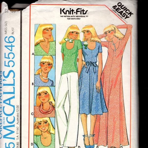 Hip 70's McCall's 5546 Misses' Maxi or Midi Dress, and T-Shirt with Long or Short Sleeves, V, Jewel, Scoop, or Cowl Neckline, Size 12, UNCUT