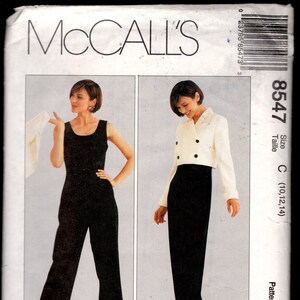 May include: McCall's sewing pattern featuring a black jumpsuit and a black and white outfit. The pattern includes a size C (10, 12, 14) and the brand name JONES NEW YORK. The pattern is labeled PETITE-ABLE.