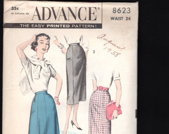 Vintage 50's  Advance 8623 Misses' Gored Skirts, Straight, Or Slightly Flared A Line, With Waistband, A Sew Easy Pattern, Waist 24", UNCUT