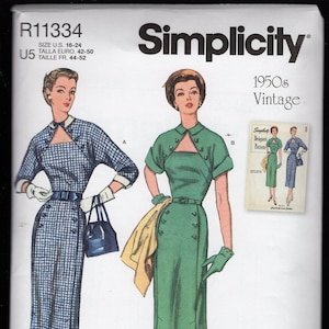 May include: Simplicity sewing pattern for a 1950s vintage dress. The pattern includes two styles: a green dress with a keyhole neckline and a blue and white gingham dress with a Peter Pan collar. The pattern is for sizes 16-24.
