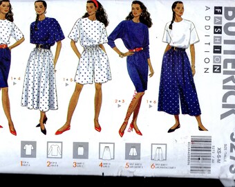 Butterick 5273 Misses' Loose Fitting Long or Short Sleeved Top, Elastic Waist Wiggle or Gathered Skirt, and Split Skirt, Sizes 6-14, UNCUT