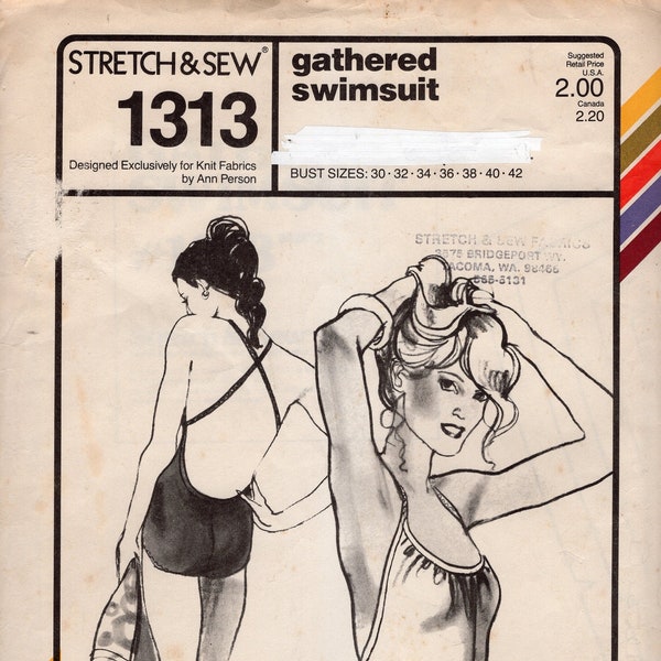 Vintage 70's Stretch & Sew 1313 Misses' One-Piece Swimsuits with Low Scooped Back, and Crisscross Straps, Sizes 30-42" Bust, UNCUT