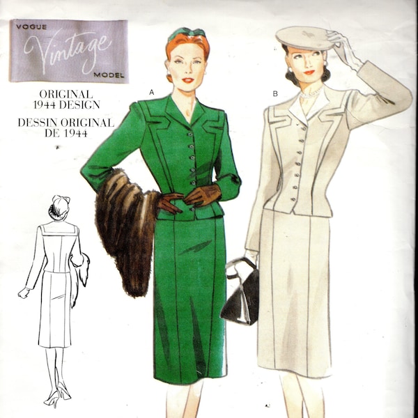 Vogue 2198 Reprint From 1944, Misses' Fitted Jacket/Top with a Sailor Flare, and A-Line Skirt, Has Side Front/Side Back Seams, Size 8, UNCUT