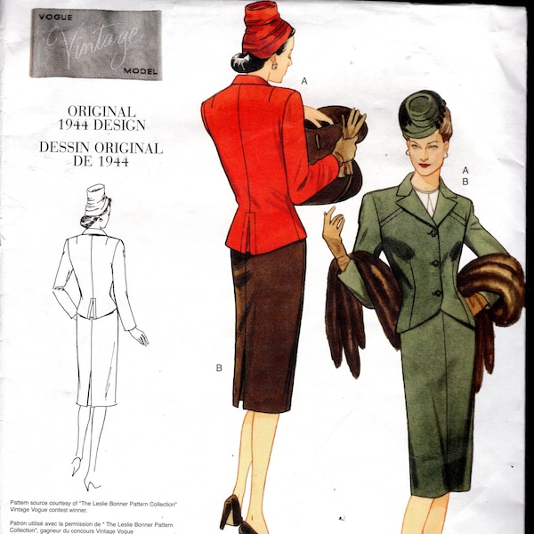 Vogue 2885 Reprint From 1944 Misses' Loose-Fitting Jacket, and Slightly Flared Skirt, Sizes 6-8-10, UNCUT
