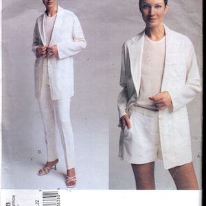 May include: A fashion pattern featuring a woman in a white blazer, pants, and shorts ensemble. The pattern includes the text "DONNAKARAN NEWYORK" and "VOGUE AMERICAN DESIGNER". The pattern sizes are 18, 20, and 22.