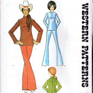 May include: Vintage sewing pattern titled "Western Patterns" featuring illustrations of three outfits. The outfits include a plaid top with orange pants, a blue pantsuit, and a green jacket. The pattern is from Authentic Patterns, Inc.