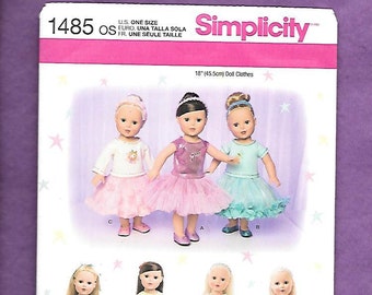 May include: Simplicity pattern 1485 for 18-inch (45.5cm) doll clothes. The pattern features several doll outfits, including dresses and tops with skirts. The pattern includes the text "U.S. ONE SIZE" and "18" (45.5cm) Doll Clothes".
