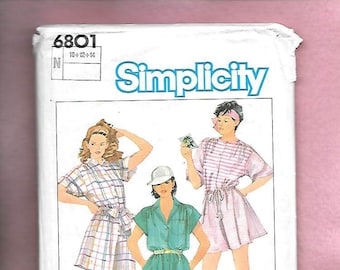 Retro 80's Simplicity 6801 Misses' Loose Fitting Romper & Sash, Bodice Attached To Shorts w/Elastic Waist, Sizes 10-12-14, CUT, Read Details