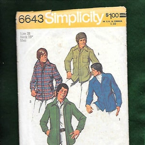 May include: Vintage Simplicity sewing pattern 6643 for men's jackets and shirts. The pattern features illustrations of four different jacket styles in green, blue, and plaid. The pattern size is 38 with a 15-inch neck.